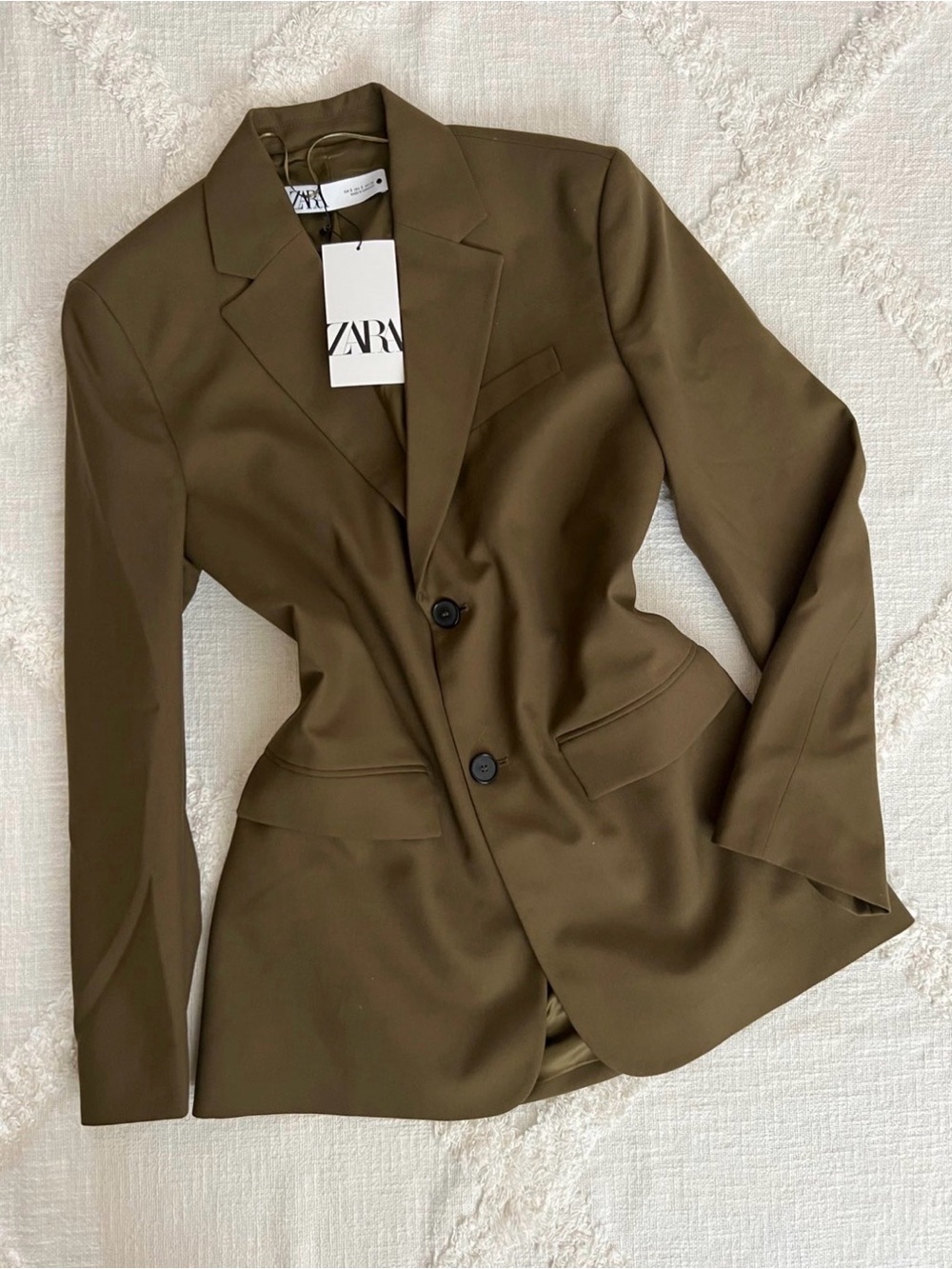 ZARA Olive Green Structured Single-Breasted Blazer